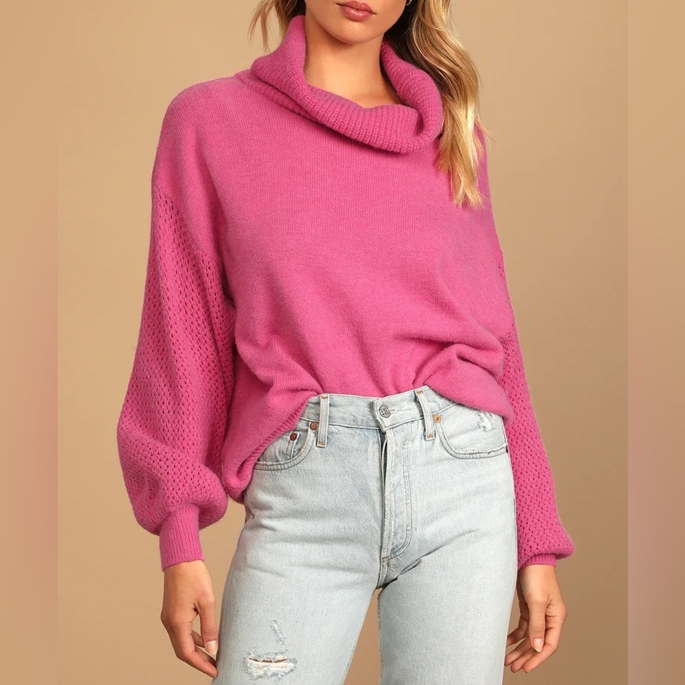 Lulus Committed To Cozy Hot Pink Cowl Neck Sweater